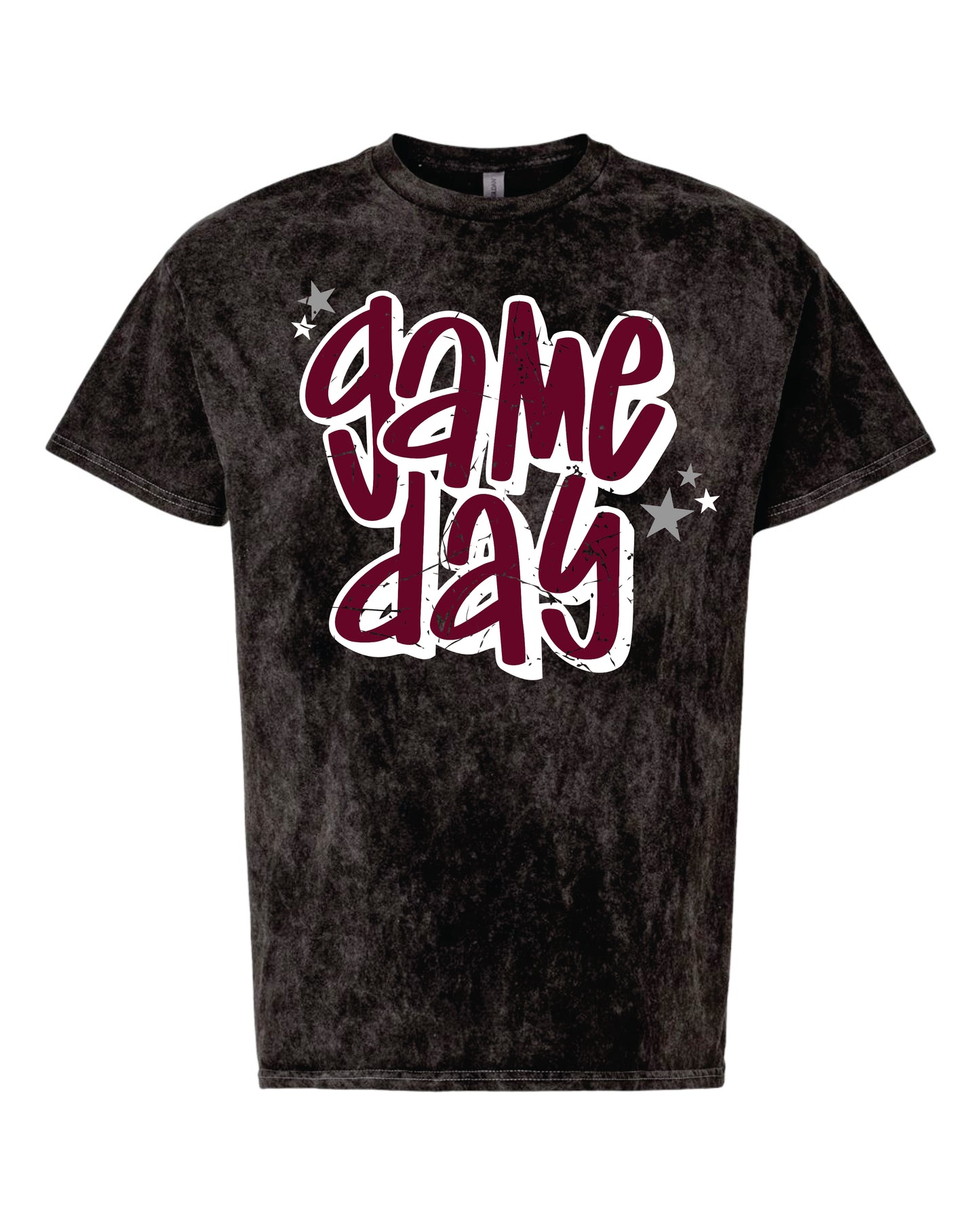 charcoal acid wash shirt with "game day" printed on it