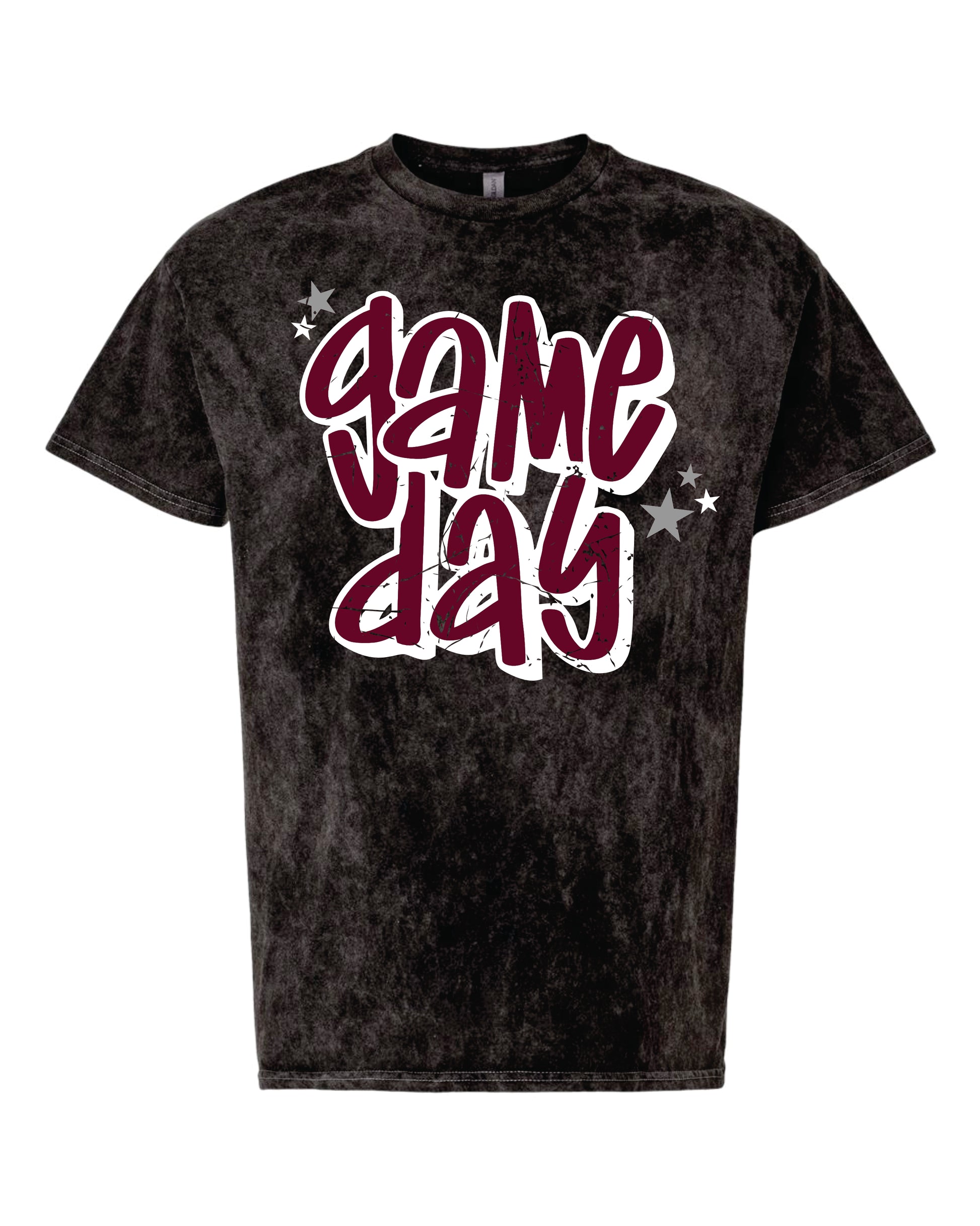 charcoal acid wash shirt with "game day" printed on it
