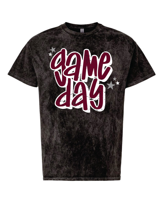 charcoal acid wash shirt with "game day" printed on it