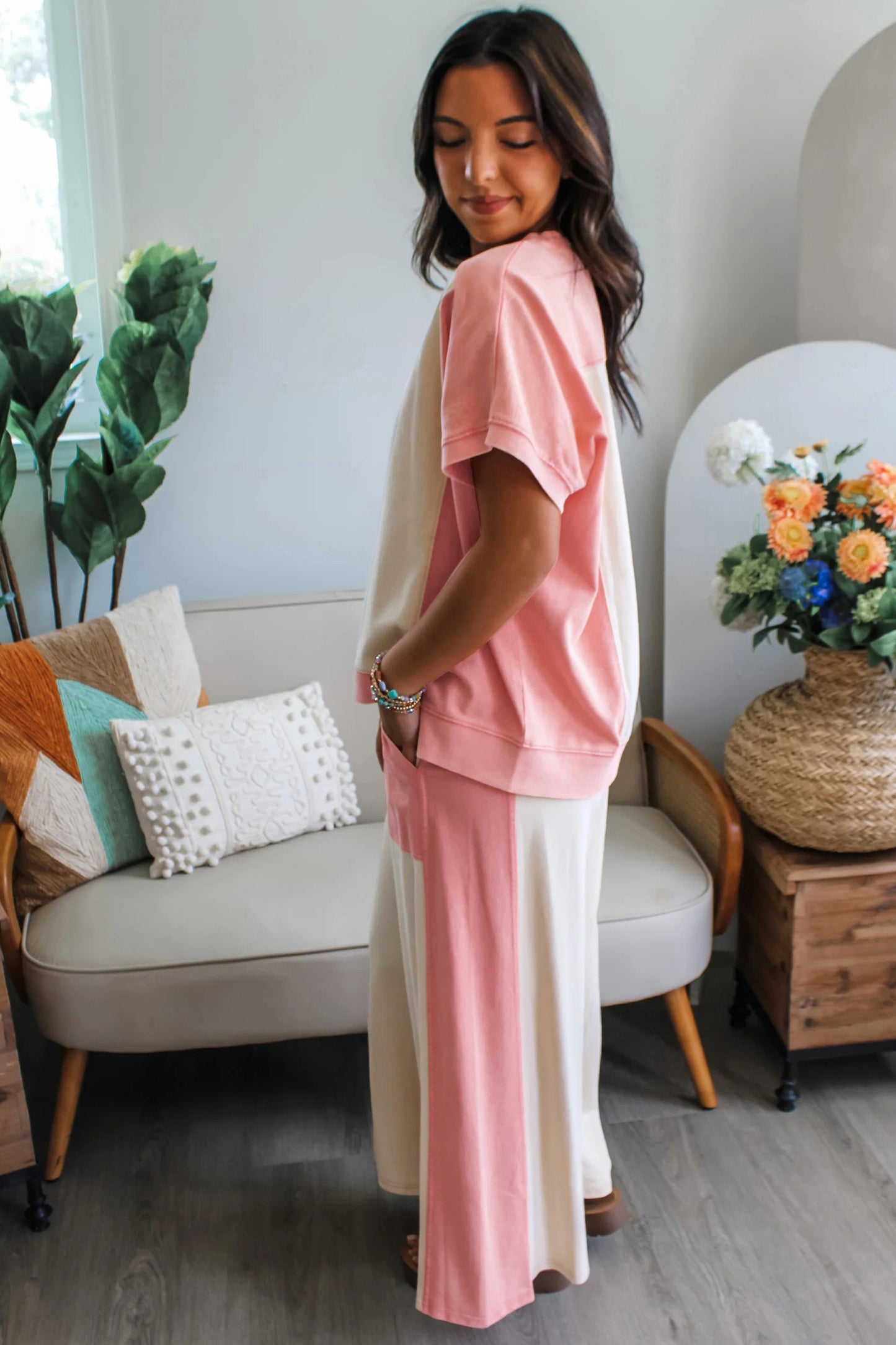 Two-tone Color Block Patchwork Tee Drawstring Loose Pant Set
