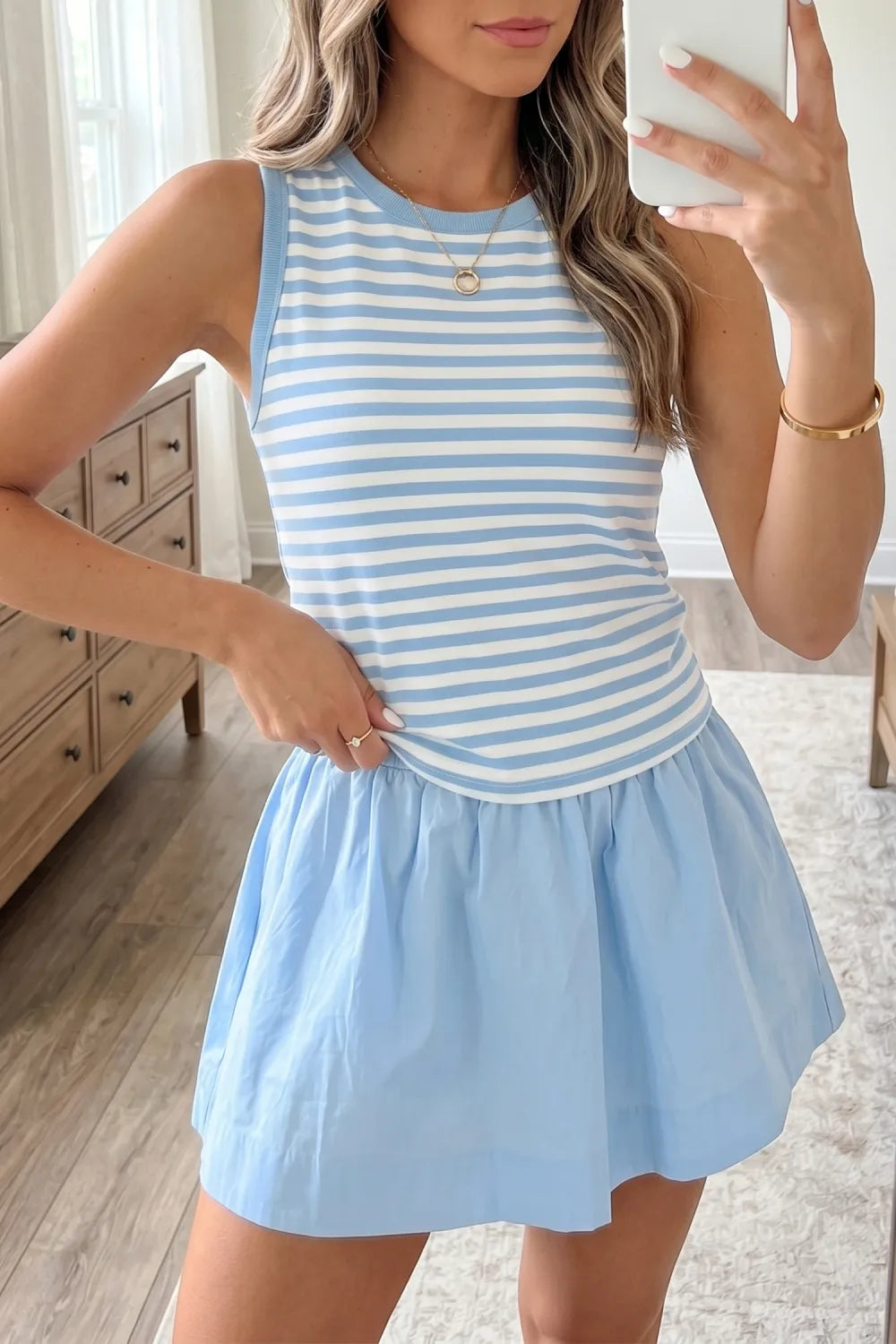 Stripe Tank Contrast Ruffle Mini Skort Set