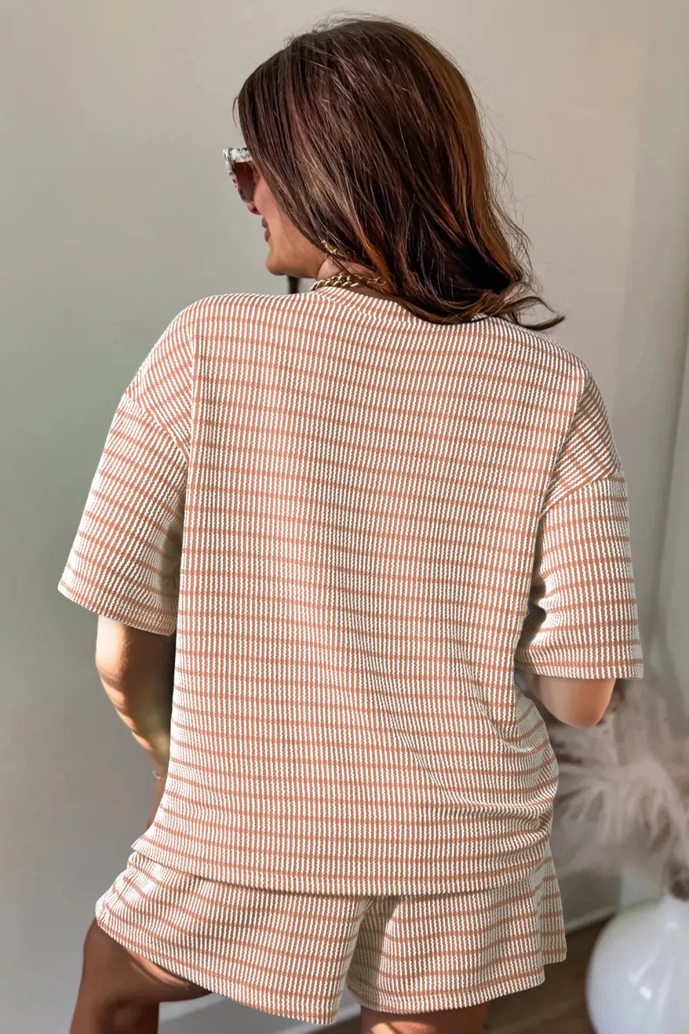 Stripe Raised Rib Loose Tee Drawstring Elastic Waist 2pcs Short Set