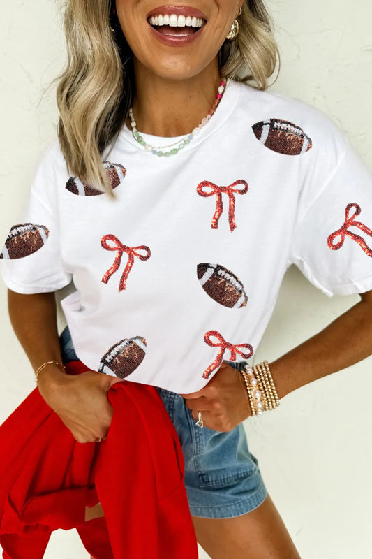 White Sequin Football Bow Print Round Neck Casual Shift Tee
