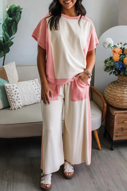 Two-tone Color Block Patchwork Tee Drawstring Loose Pant Set