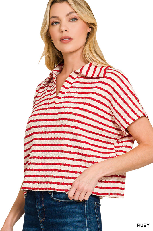 Striped split neck collared top