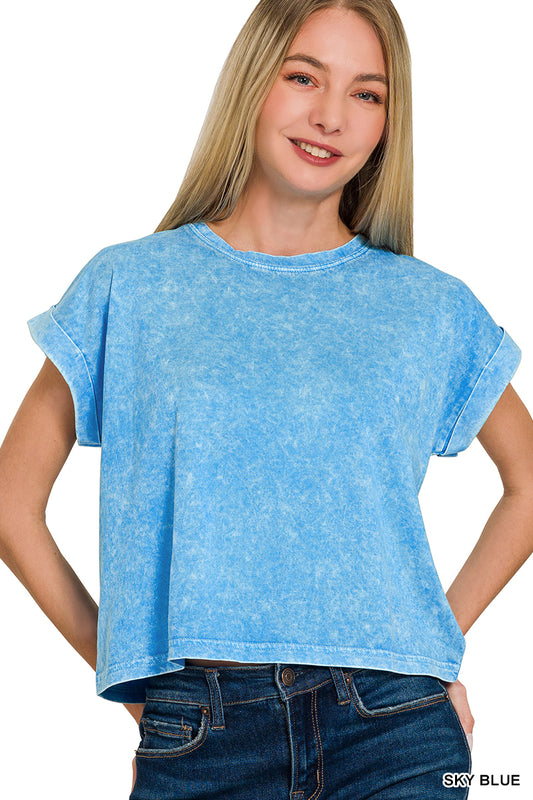 Halo washed cotton cuffed short sleeve top