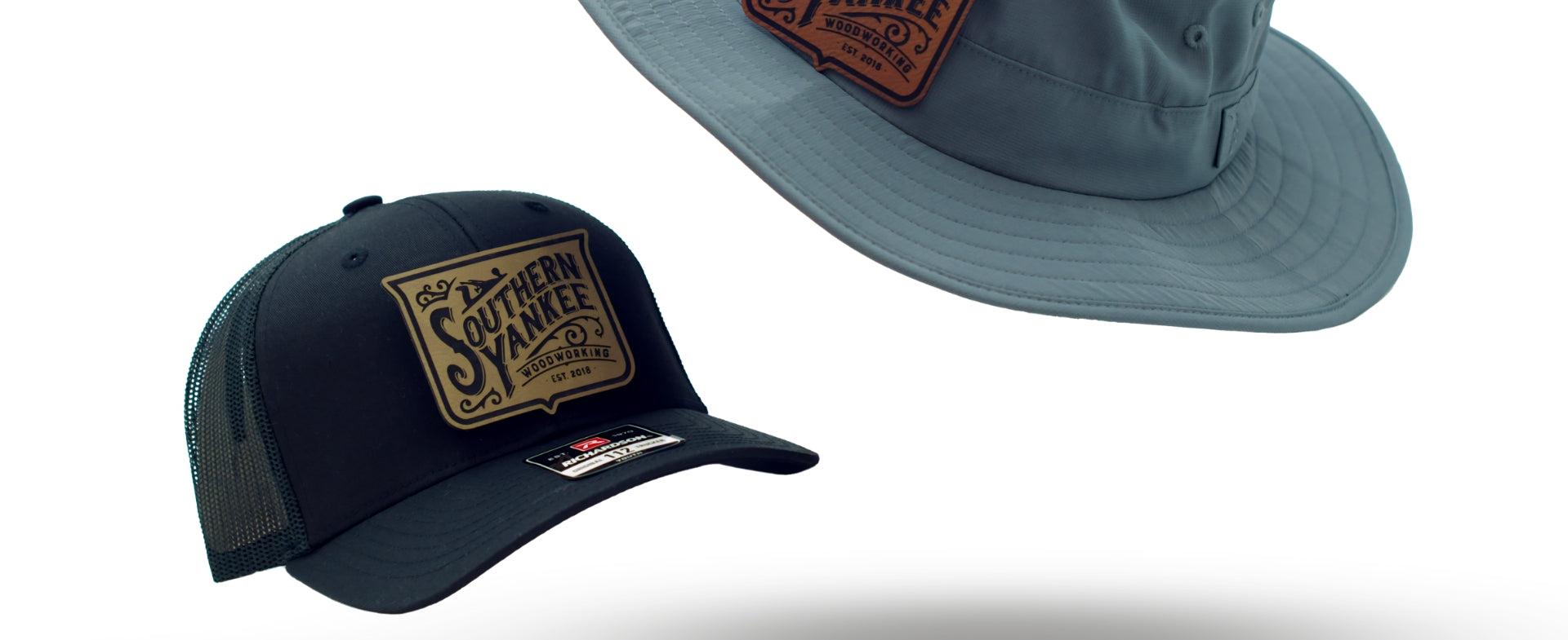 a hat and bucket hat with custom patches styled like they are floating