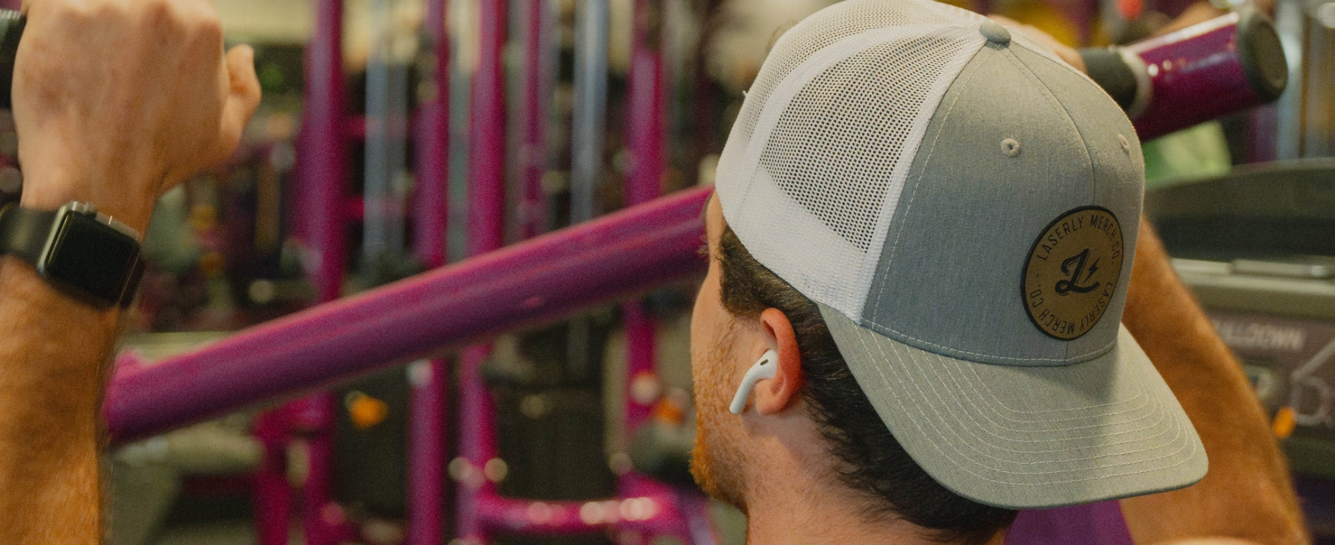 model at gym wearing a custom patch hat