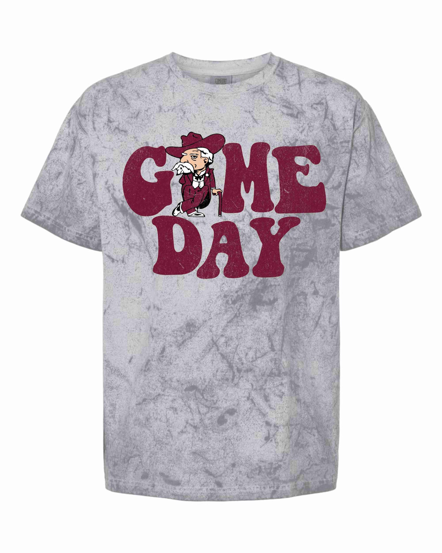 acid wash grey game day shirt with a maroon rebel
