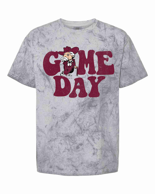 acid wash grey game day shirt with a maroon rebel