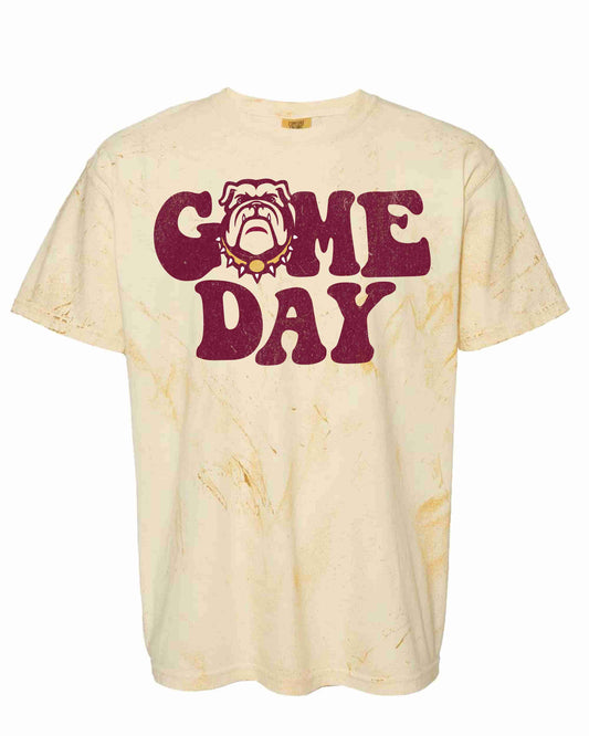 acid wash yellow game day tshirt with a maroon bulldog