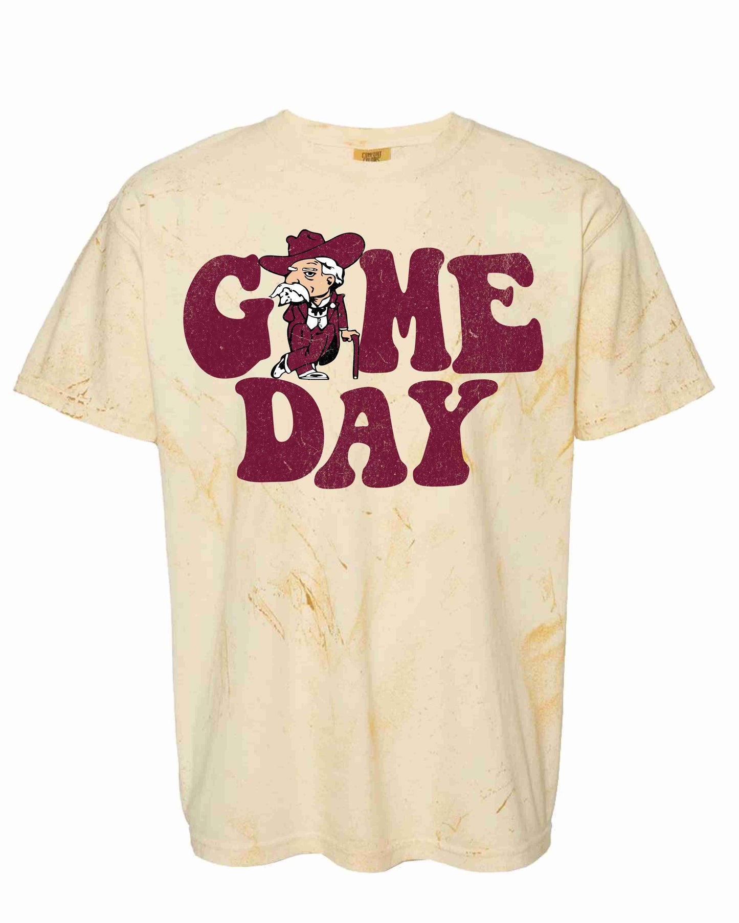 acid wash yellow shirt with "game day" and a rebel on it