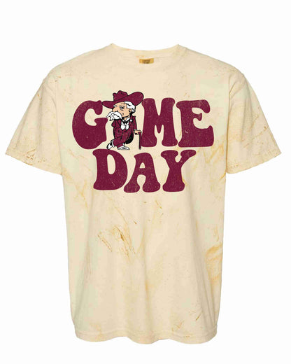 acid wash yellow shirt with "game day" and a rebel on it