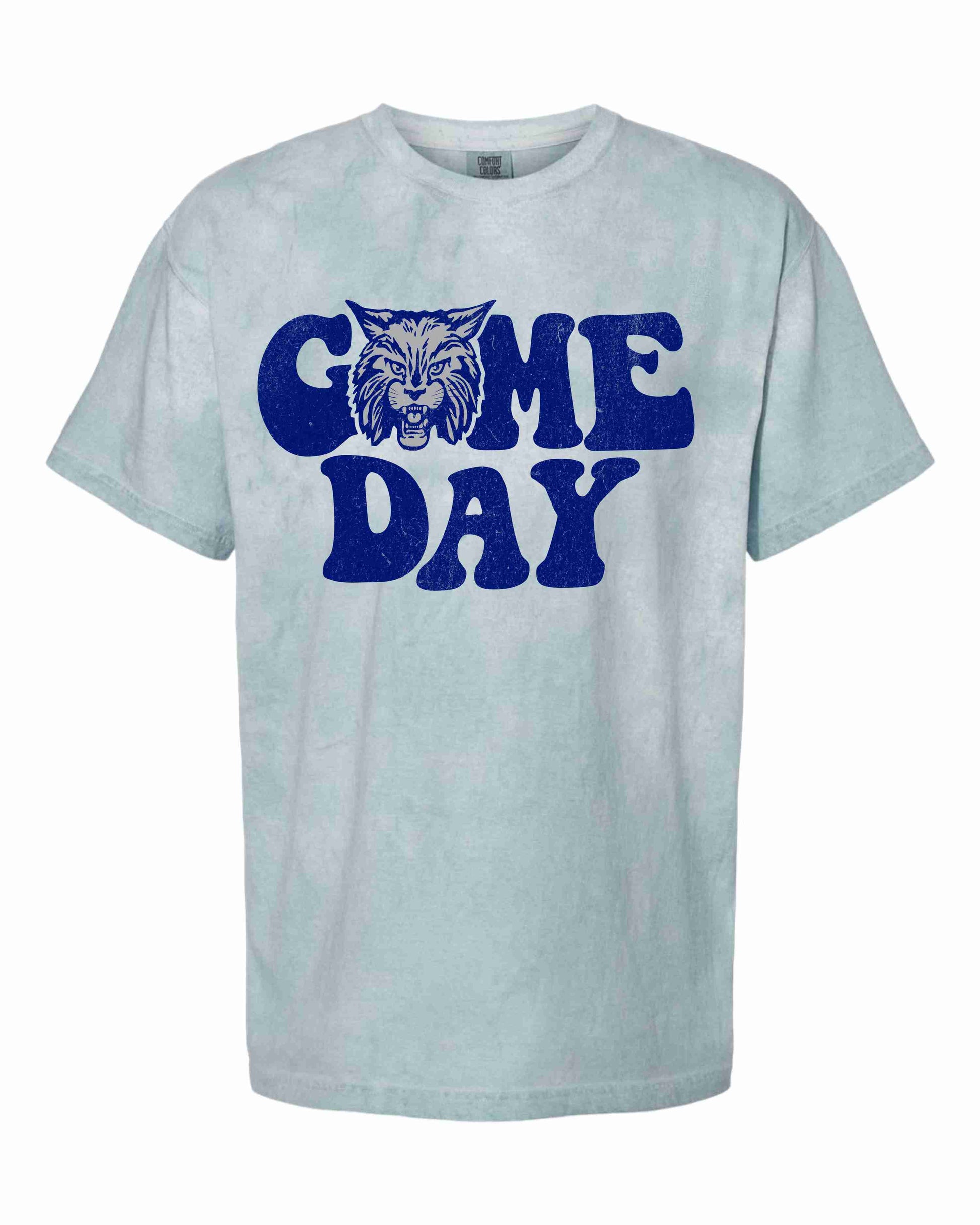 acid wash blue tshirt with "game day" and a wildcat on it