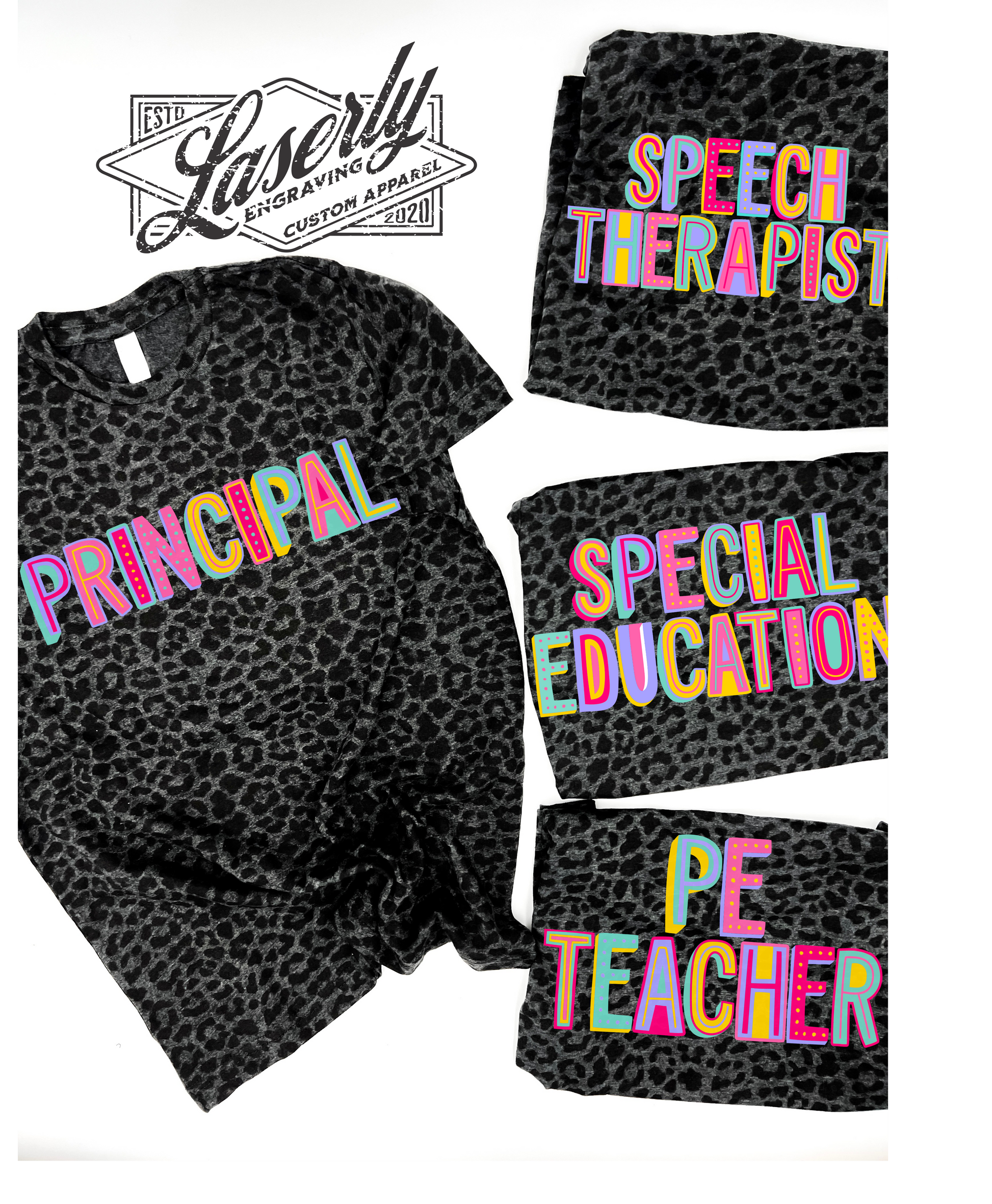 four tshirts with cheetah print and type of teacher