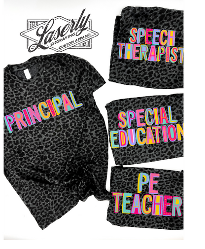 four tshirts with cheetah print and type of teacher