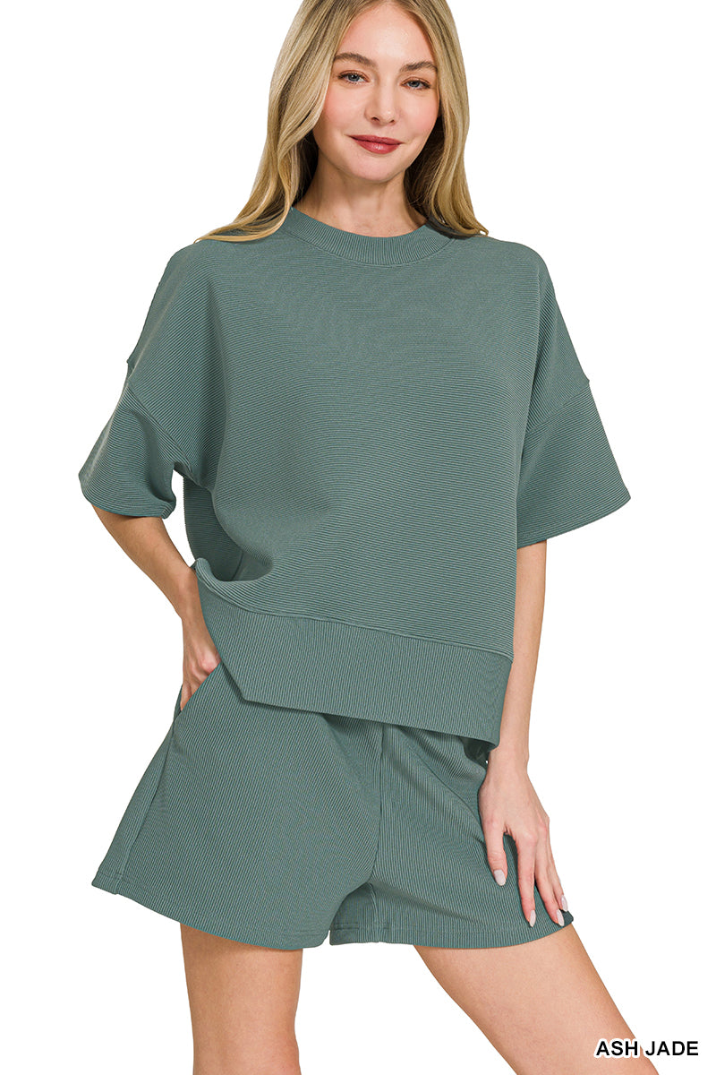 Ribbed round neck waist banded tee & shorts set