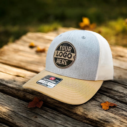 grey hat with a patch that says "your logo here"
