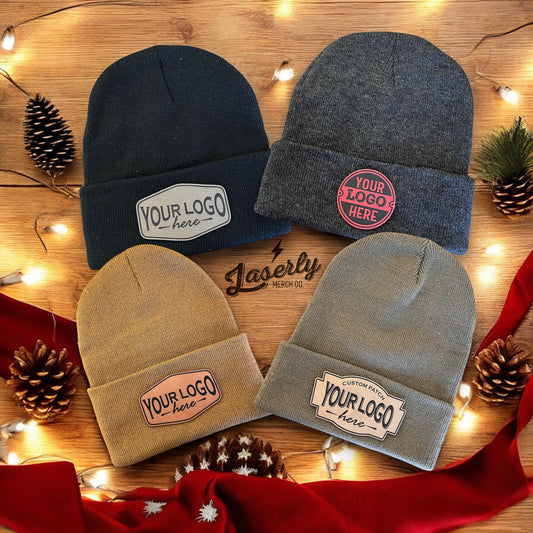 4 beanies with patch logos 