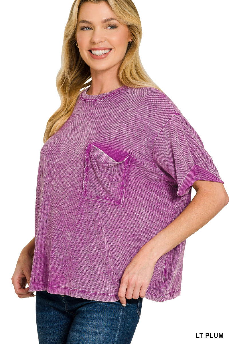 Washed ribbed cuffed short sleeve round neck top
