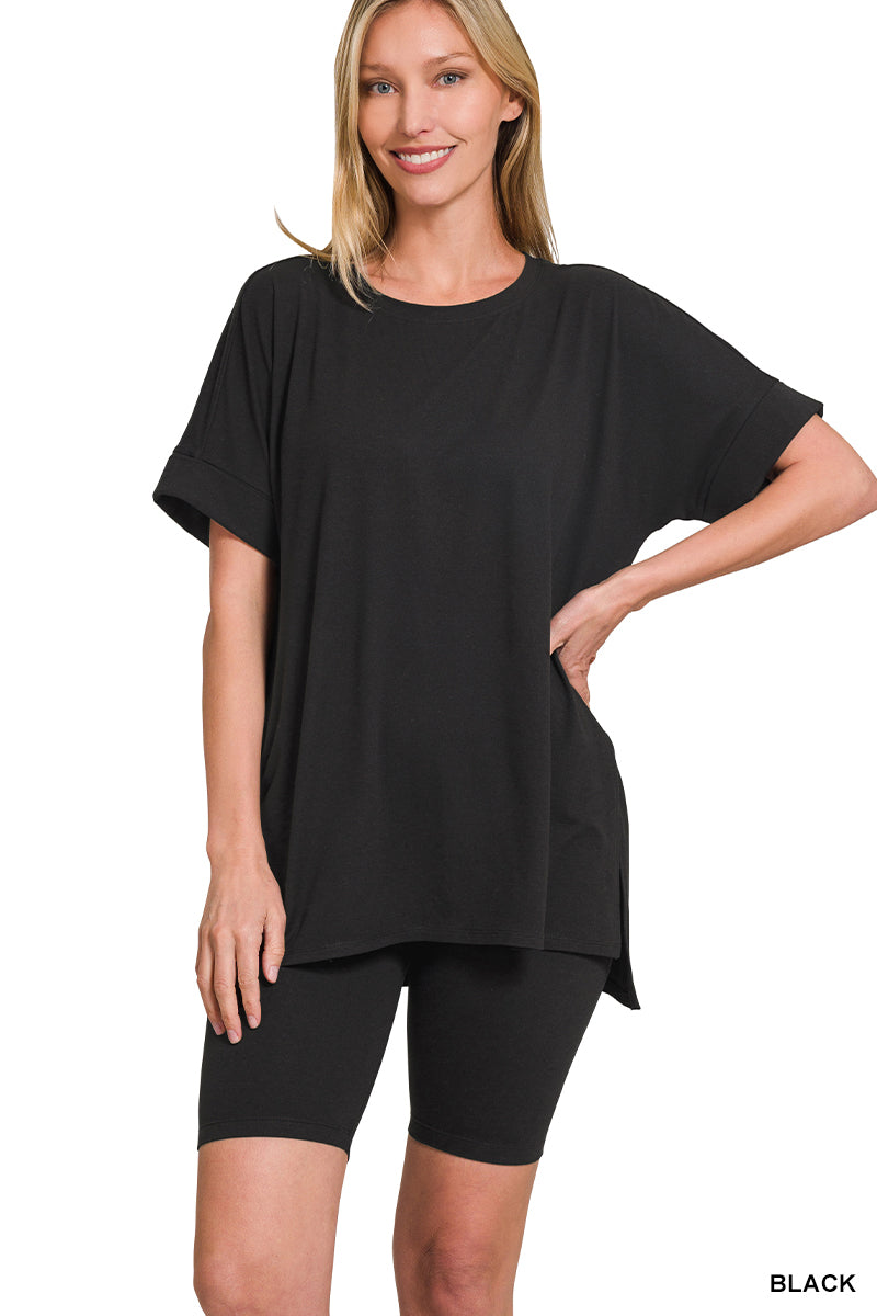 Brushed DTY microfiber r-neck top & biker shorts