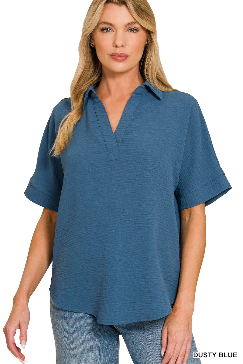 Woven airflow collared v-neck short sleeve top
