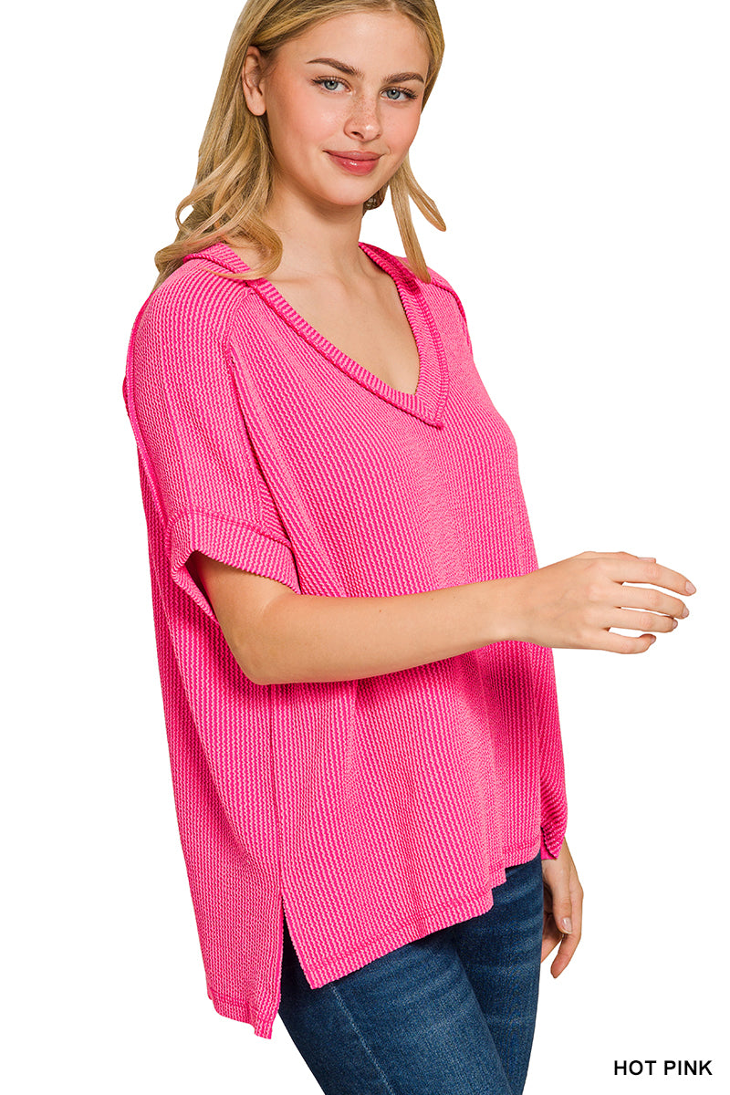 Raised rib short sleeve hi-low v neck top
