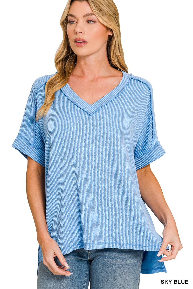 Raised rib short sleeve hi-low v neck top