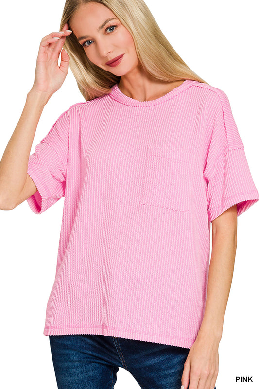 Raised rib exposed seam short sleeve top