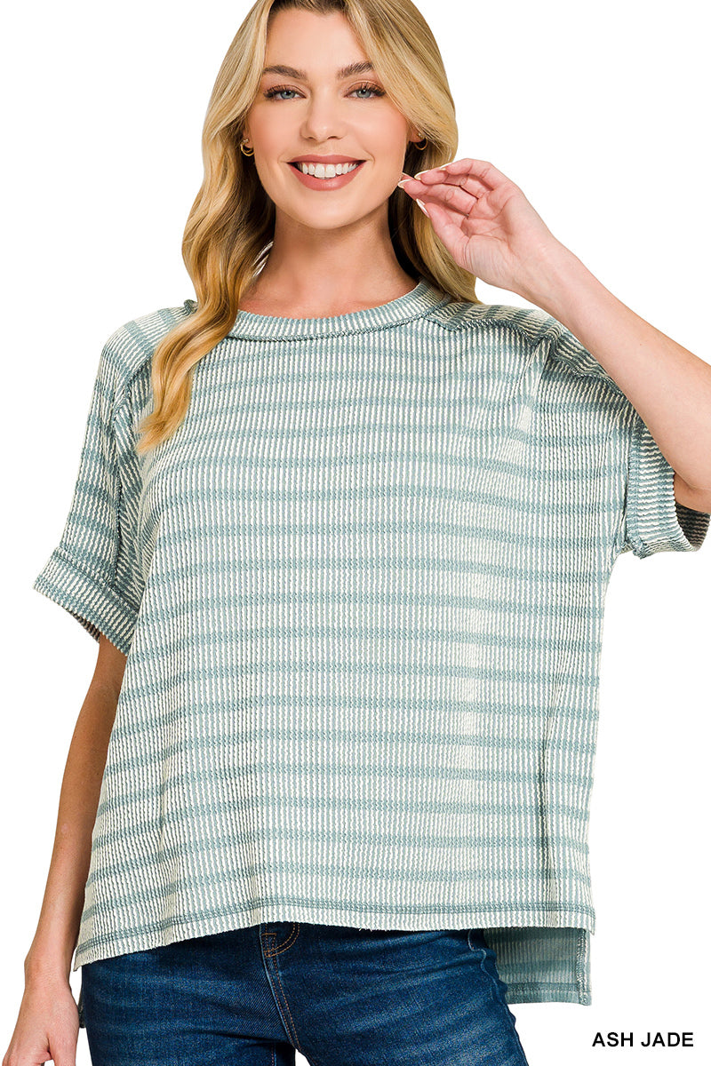Raised rib striped exposed seam top