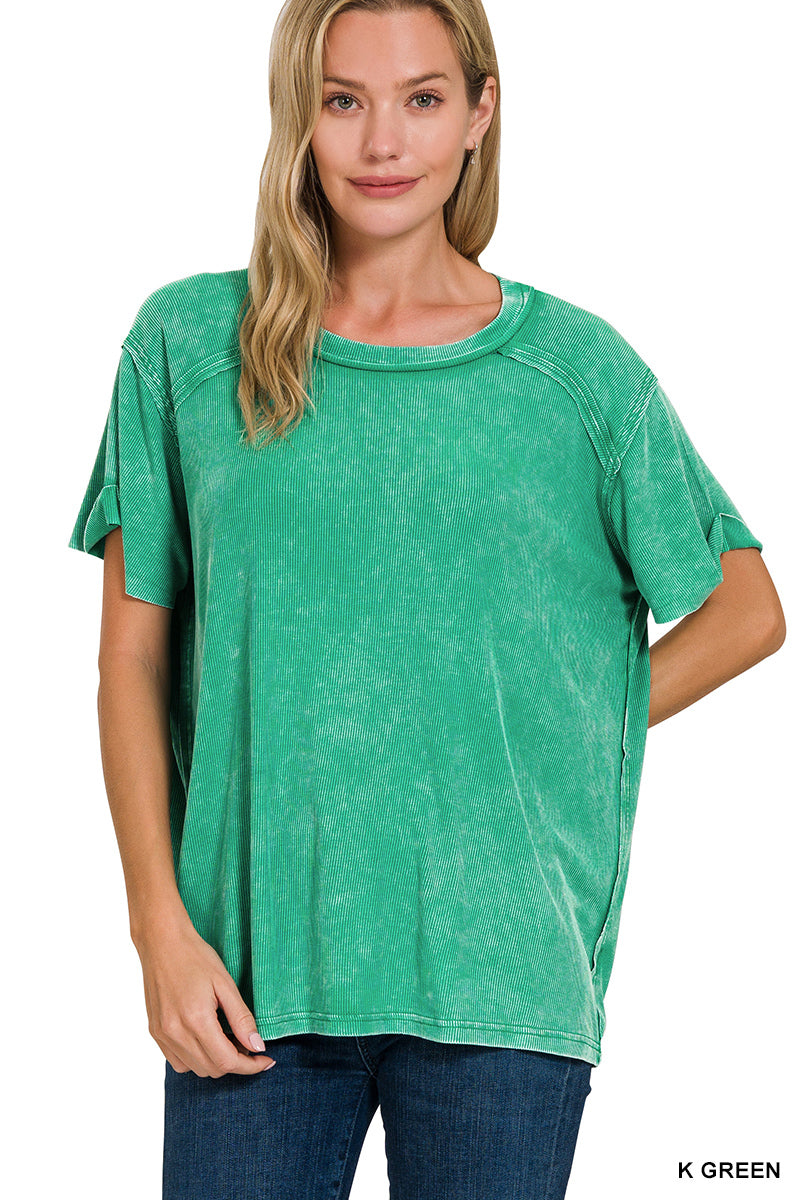 Washed ribbed short sleeve boat-neck top