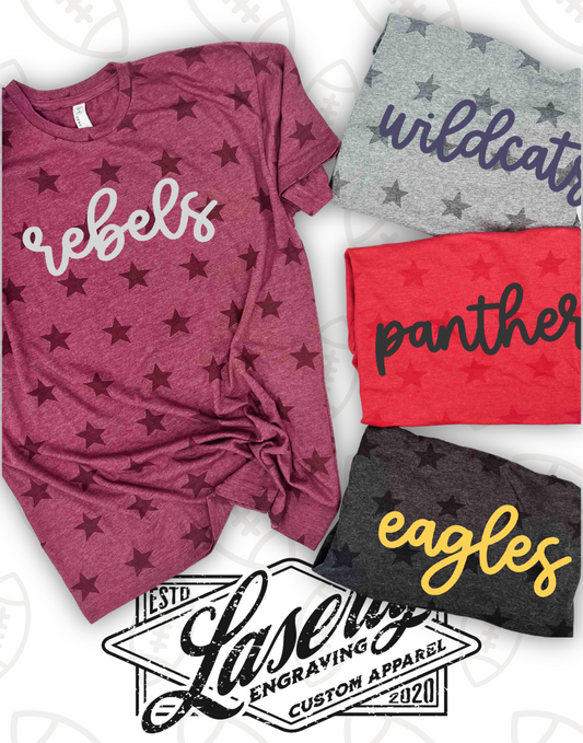 four different color shirts that have a team name and stars on them