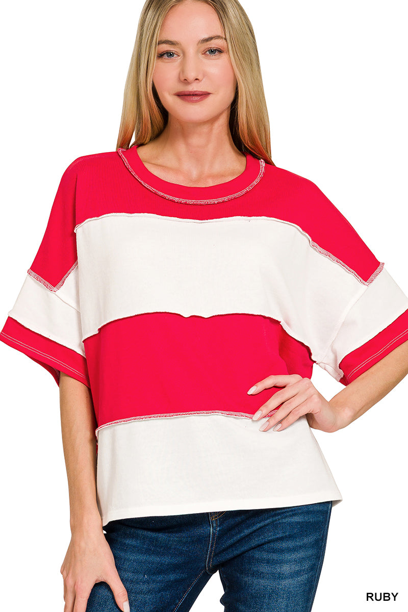 French terry striped exposed seam top