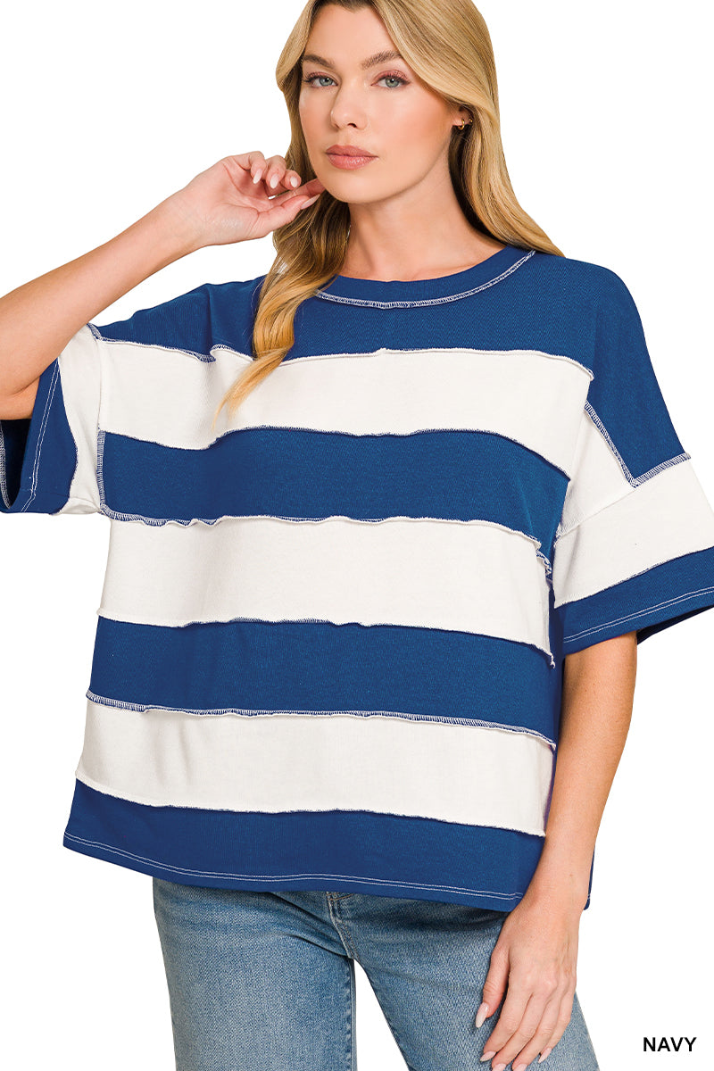 French terry striped exposed seam top