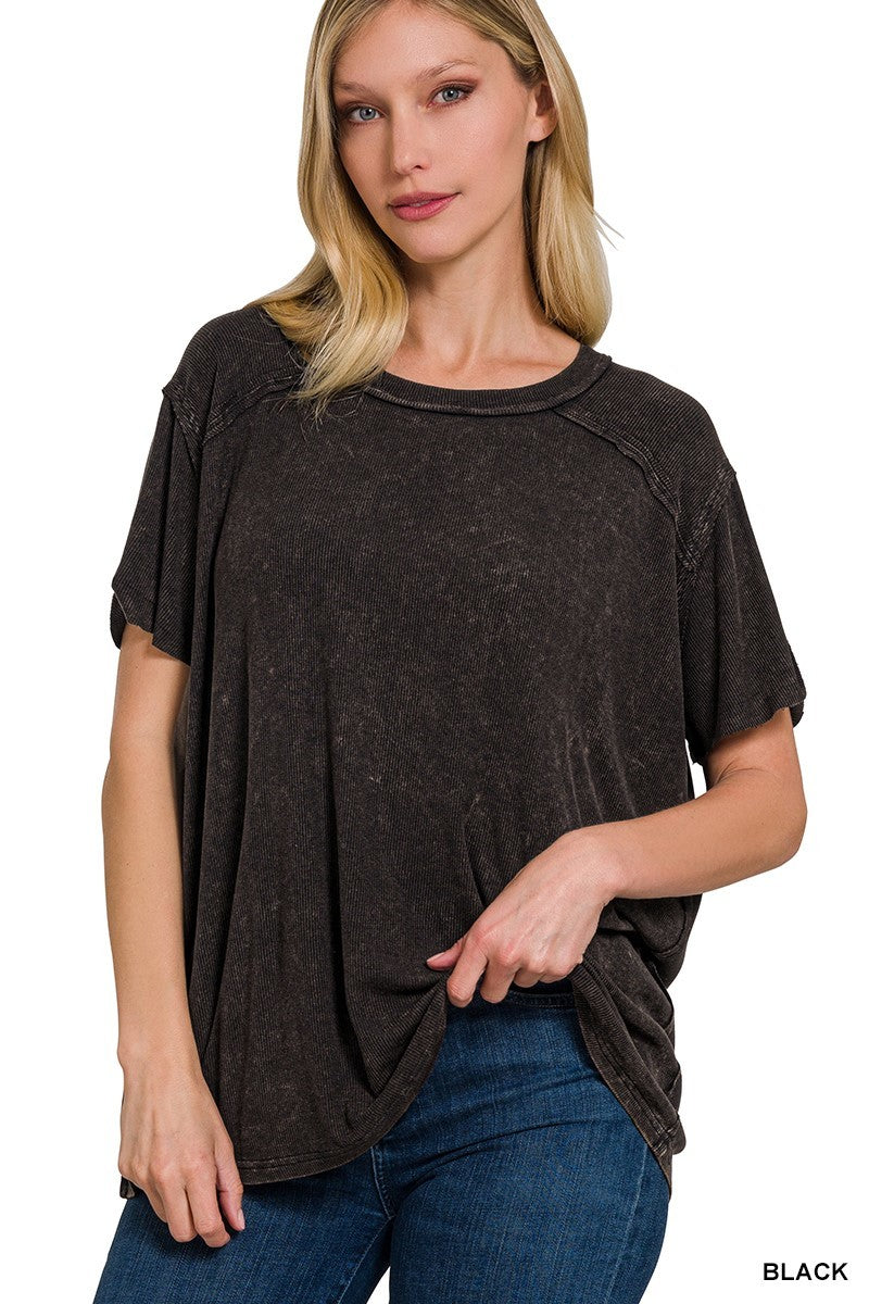 Washed ribbed short sleeve boat-neck top