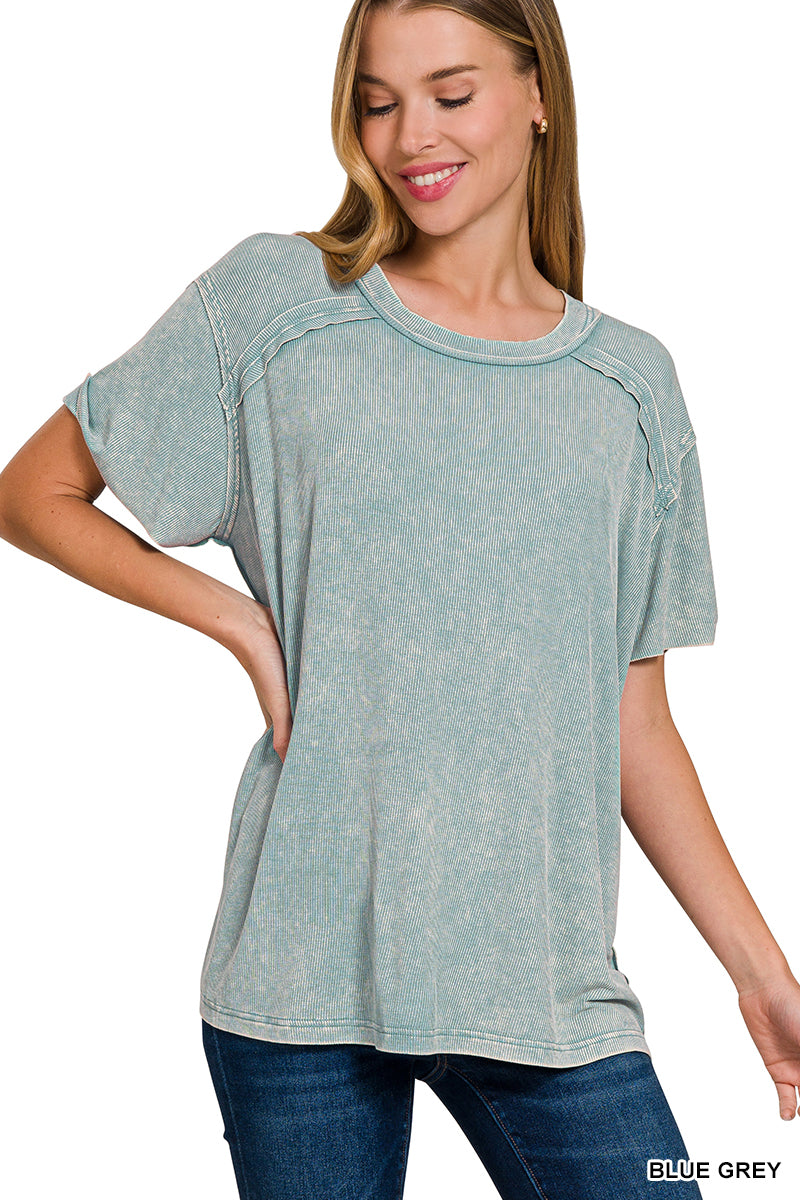 Washed ribbed short sleeve boat-neck top