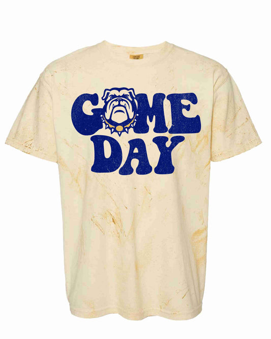 acid wash yellow shirt with "game day" and a bulldog on it