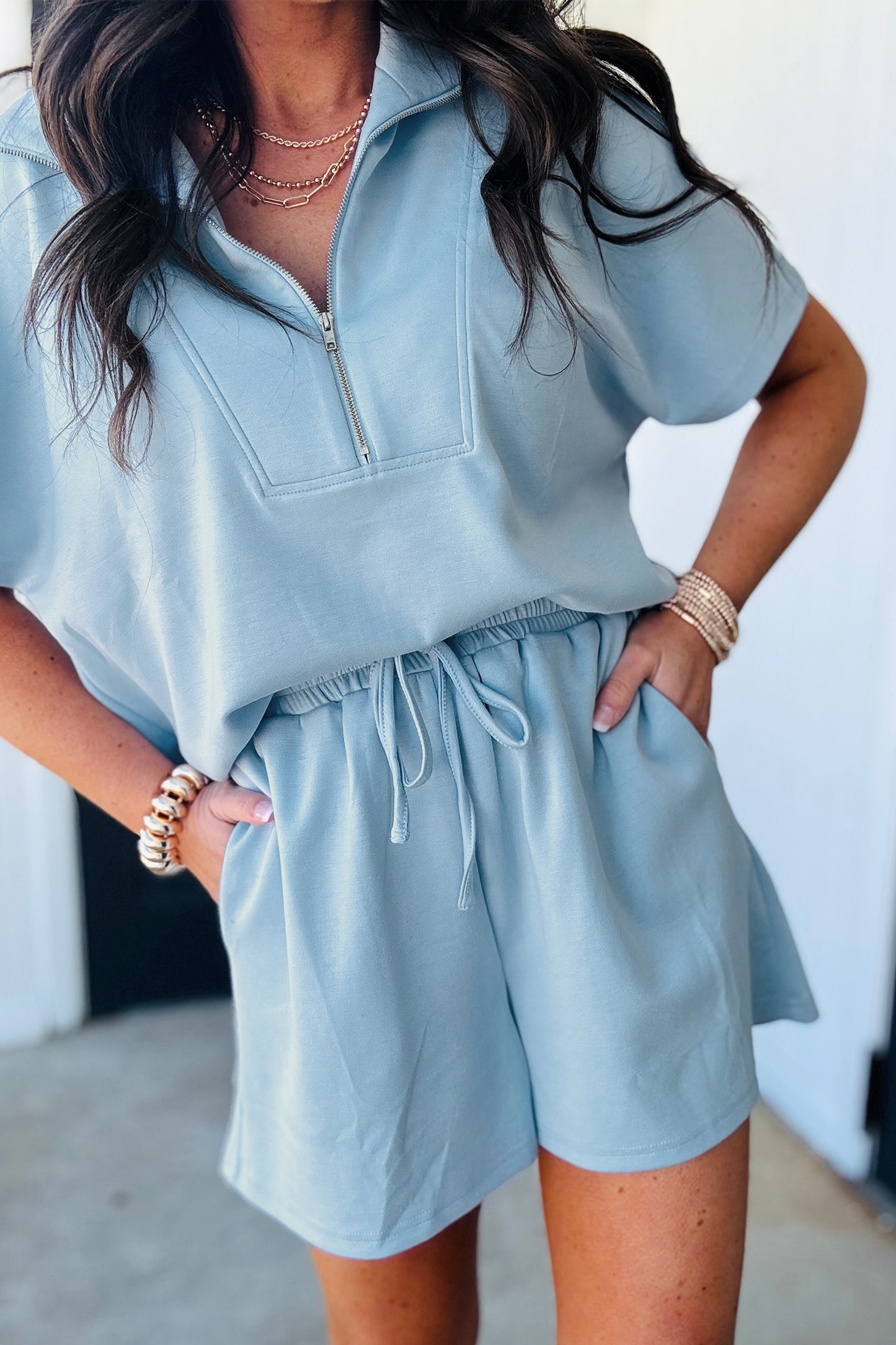 Solid Color Half Zip Loose Short Sleeve Set