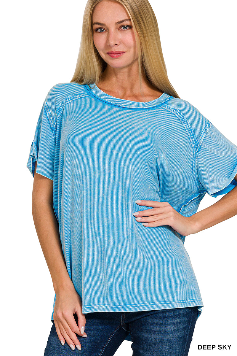Washed ribbed short sleeve boat-neck top