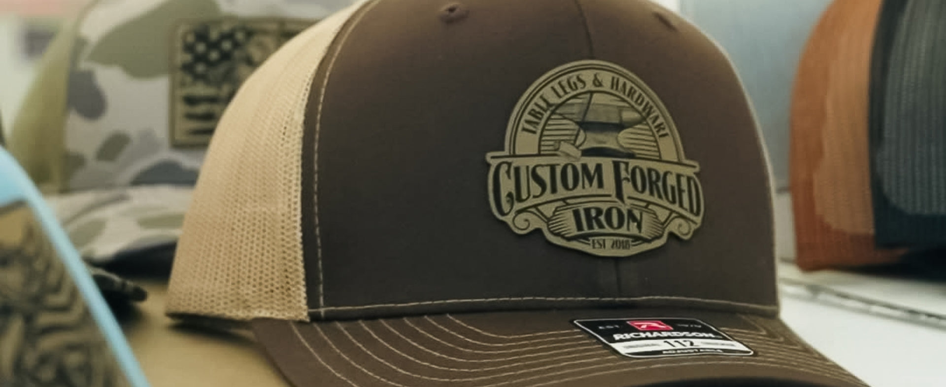 brown hat with custom patch