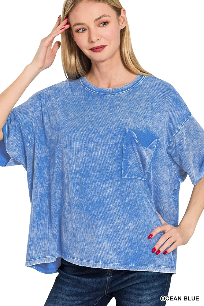 Washed ribbed cuffed short sleeve round neck top