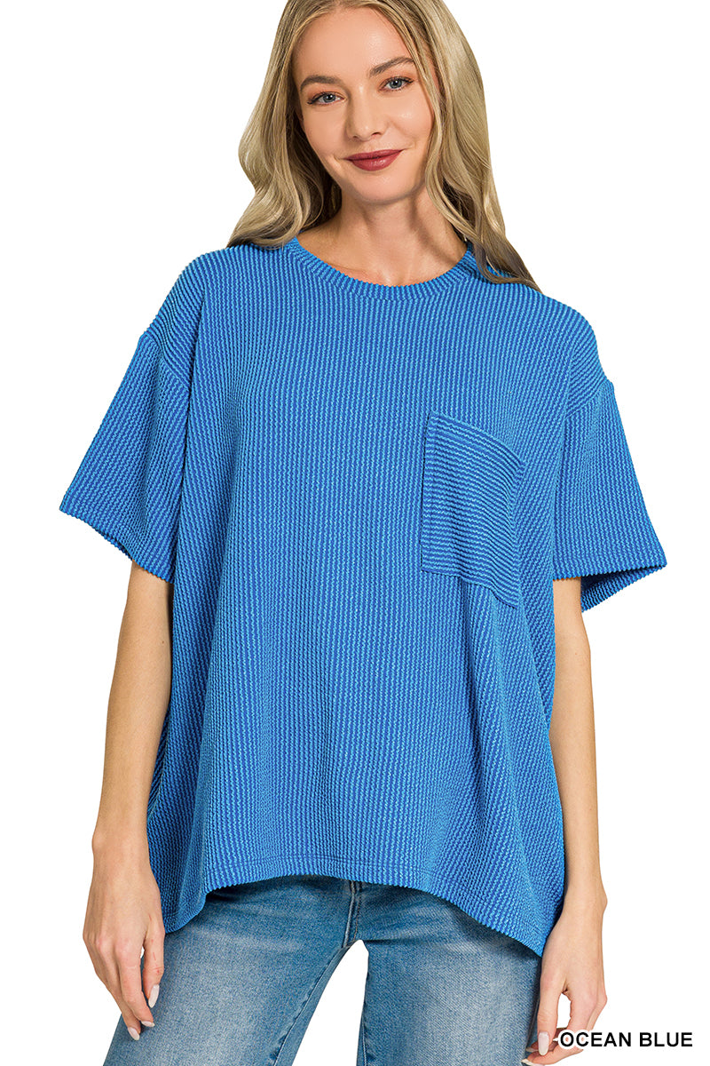 Raised rib exposed seam short sleeve top