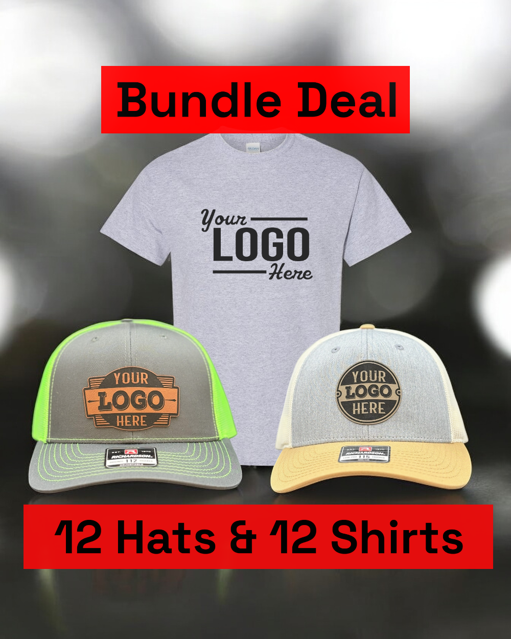 Bundle deal graphic featuring a shirt and two hats