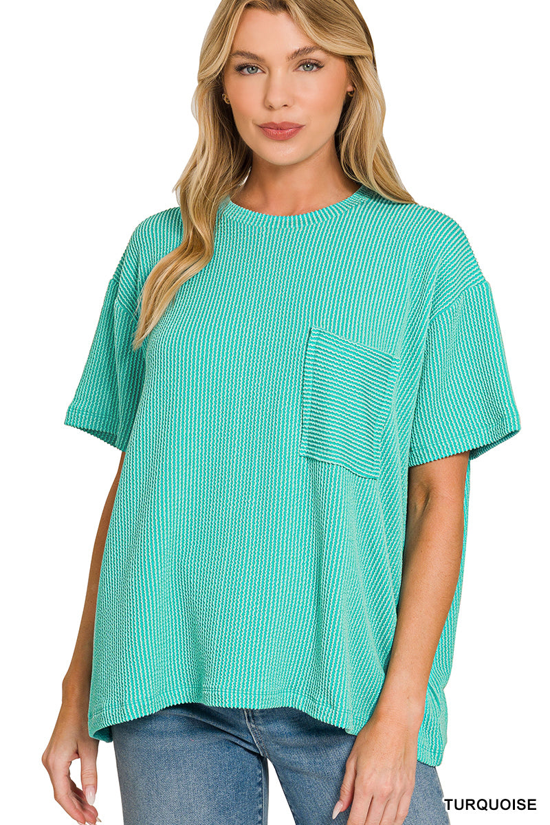 Raised rib exposed seam short sleeve top