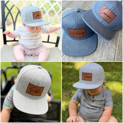 four different images of hats with name patches on them