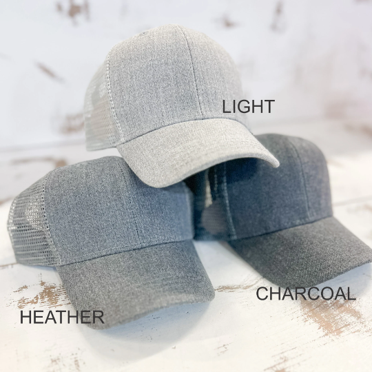 three hats showing light, heather, and charcoal colors