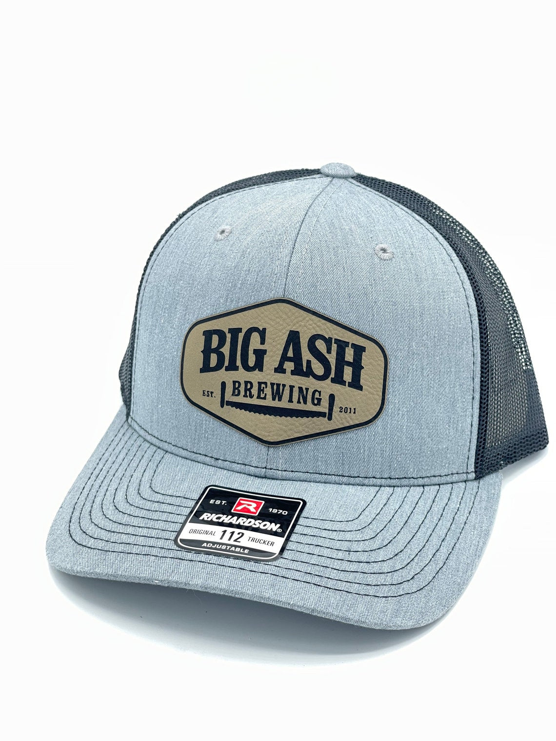 grey hat with logo on patch