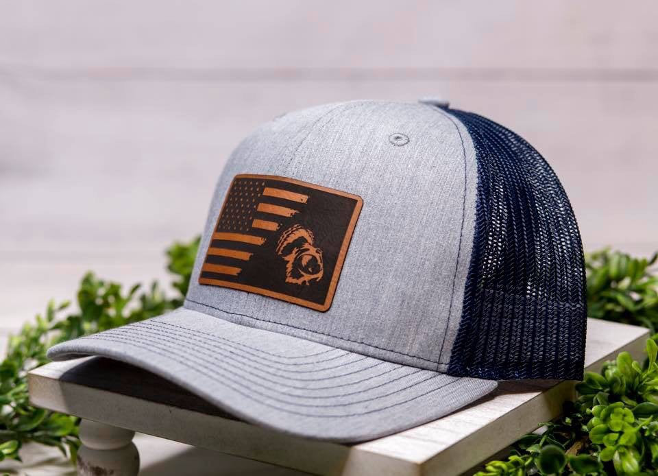 grey hat with a turkey American Flag patch