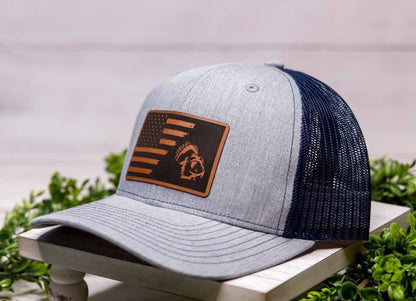 grey hat with a turkey American Flag patch