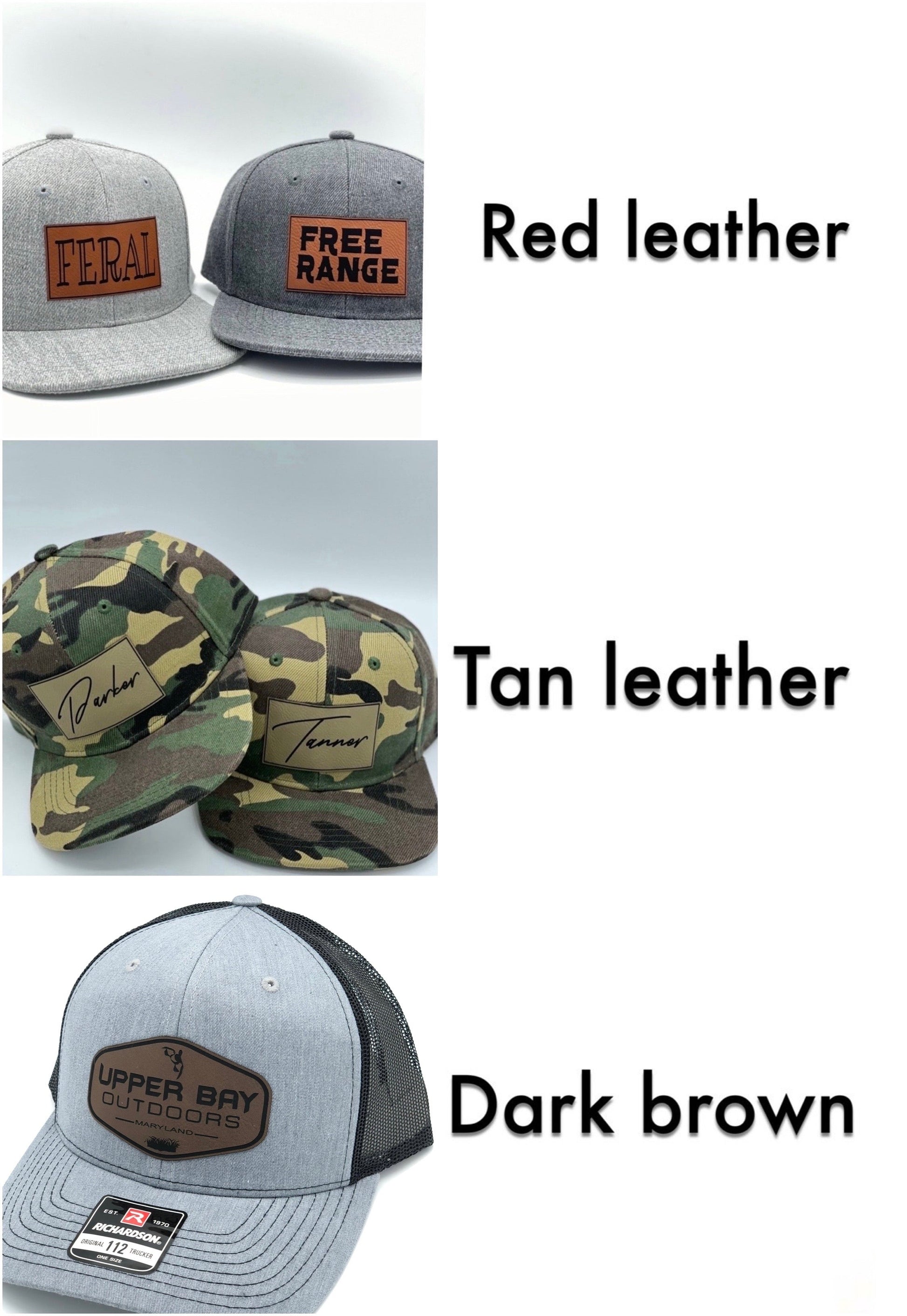 red leather, tan leather, and dark brown leather patch colors